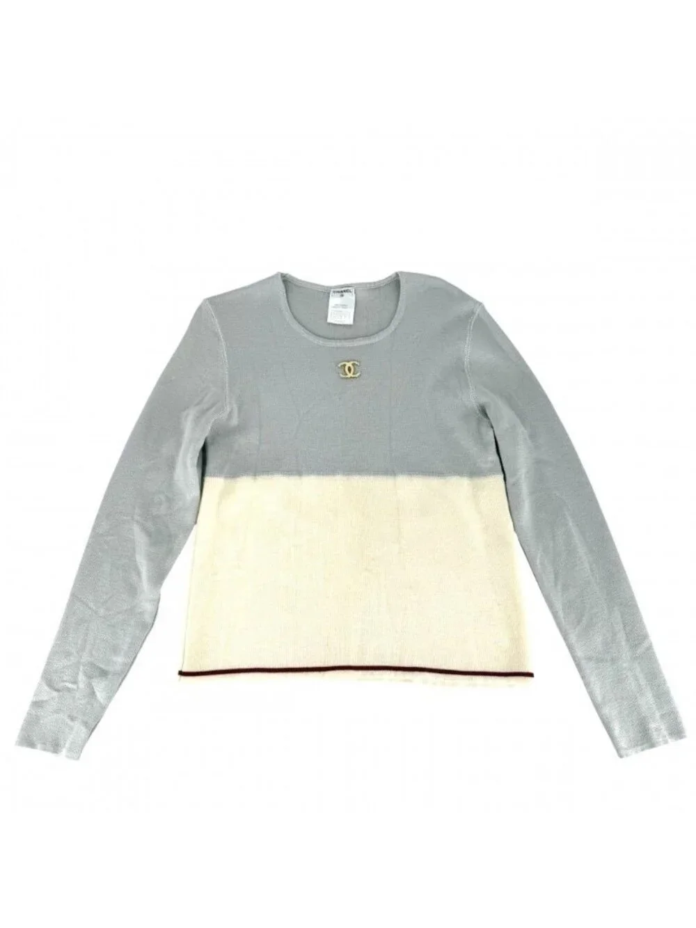 Chanel Top CC Logo Sweatshirt 50 Gray Ivory Gold Wool Spring Autumn Winter